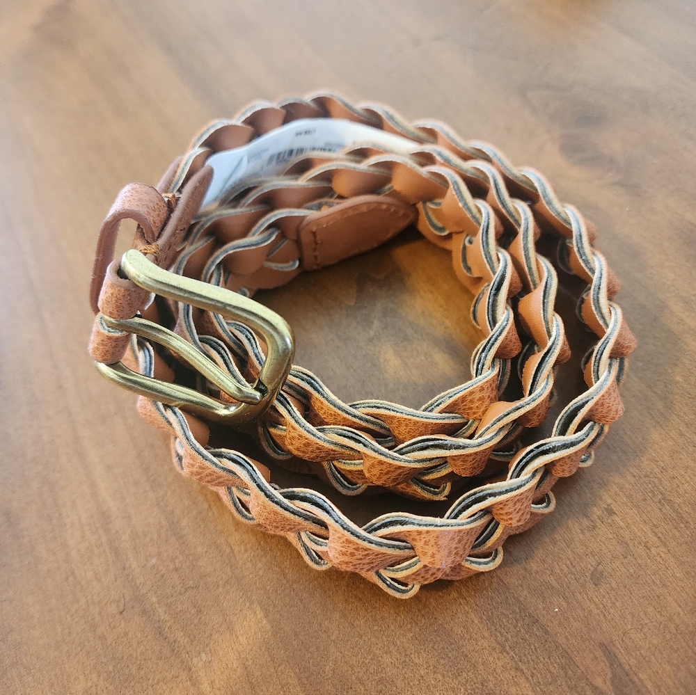 Braided Tan Faux Leather Belt with Gold Buckle Size L 40" NWT